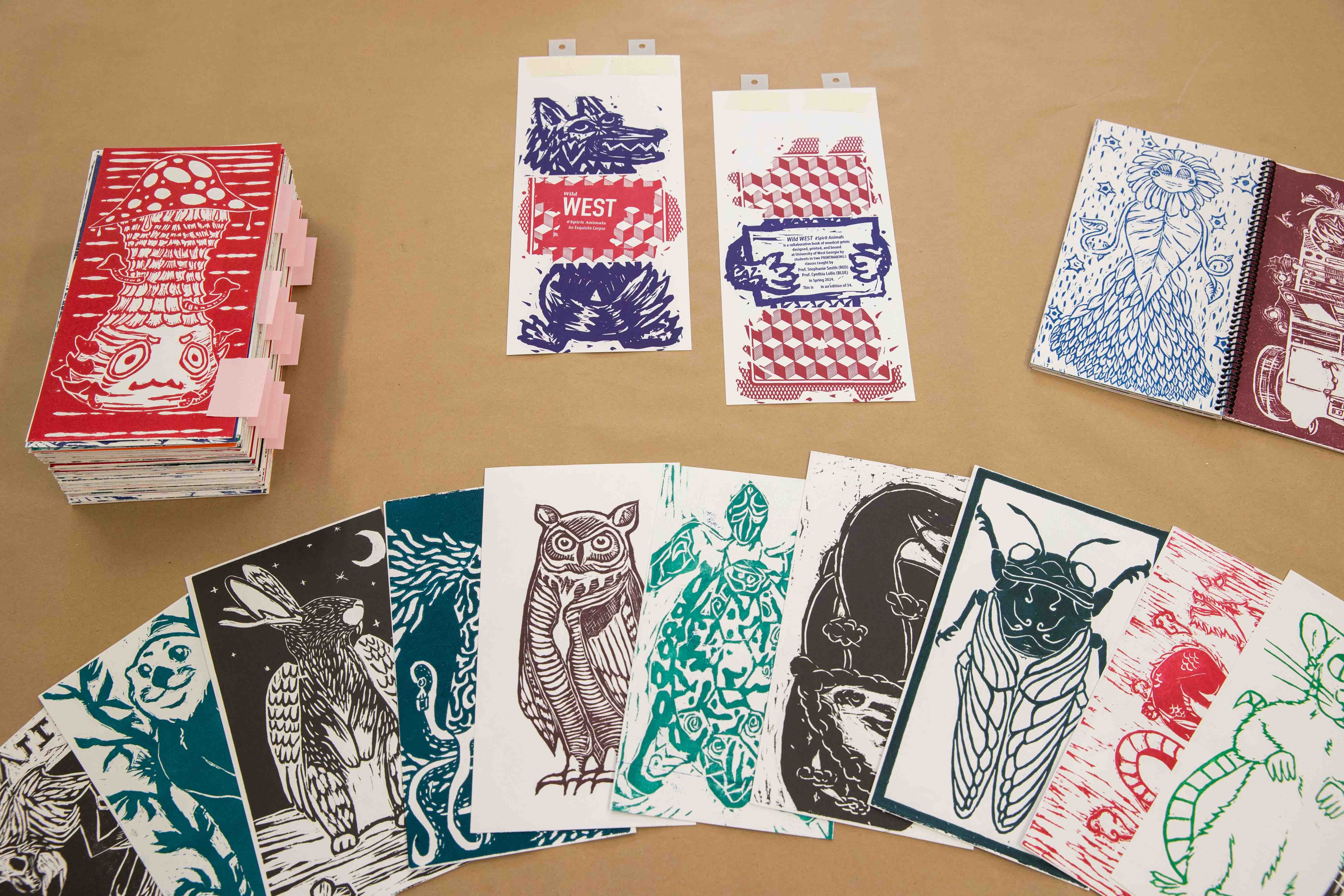printmaking project spread out across a table