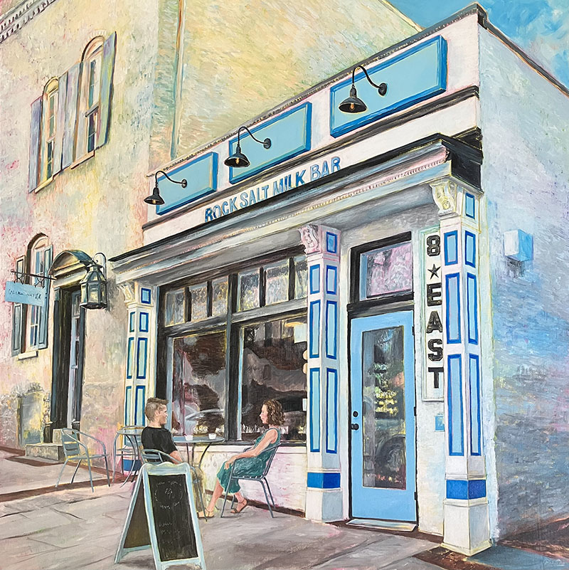 painting couple outside of bar in town scene