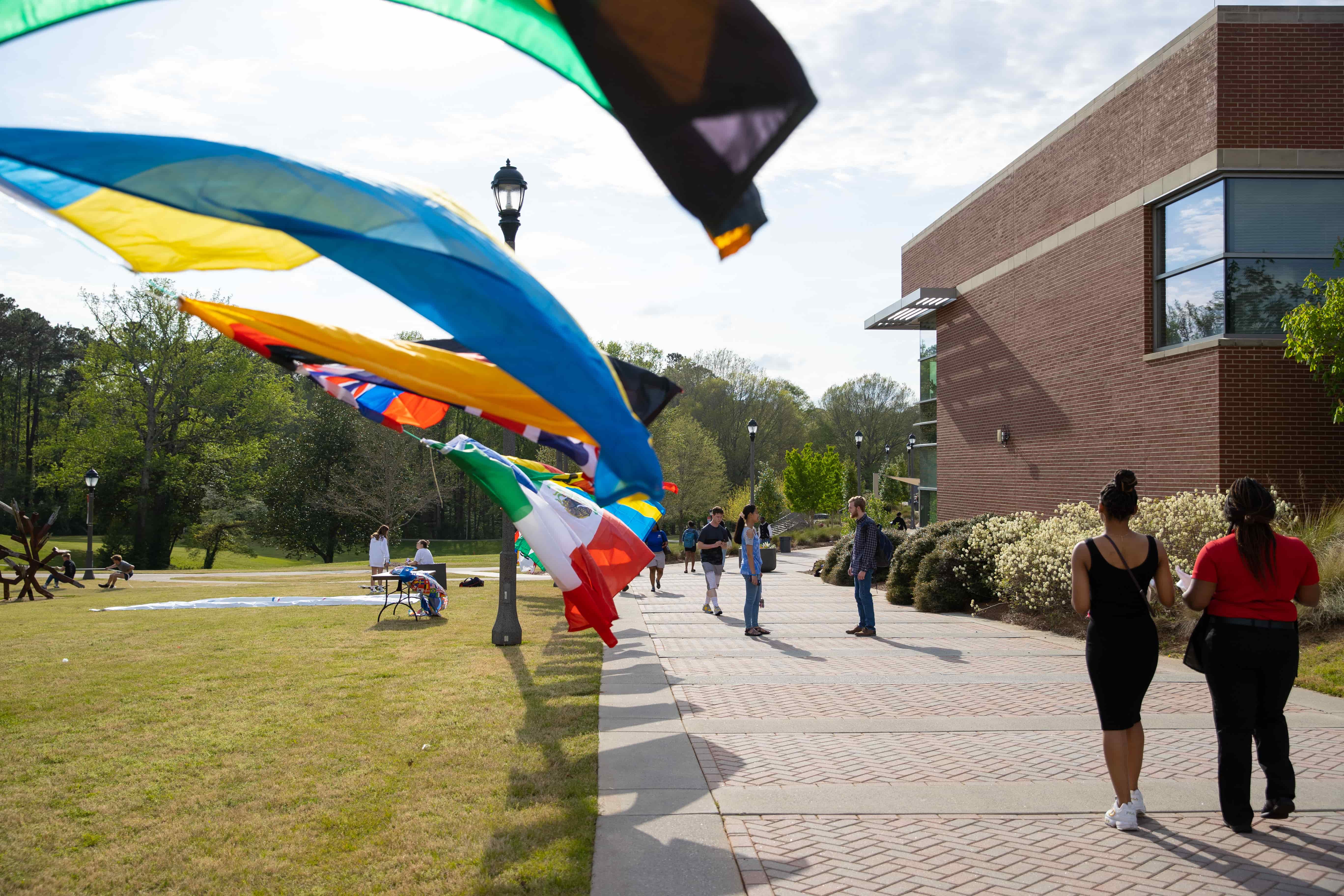 Flags from around the globe outside of the 沙巴官网 Campus Center.