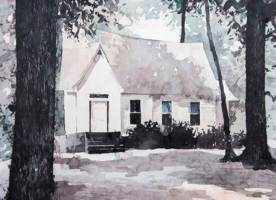 A watercolor rendering of 沙巴官网's Kennedy Chapel by Jacey Singleton.  