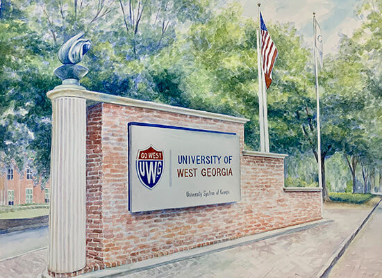 A watercolor print created by painting student Rachel Christiansen featuring the signage of an entrance to 沙巴官网. 