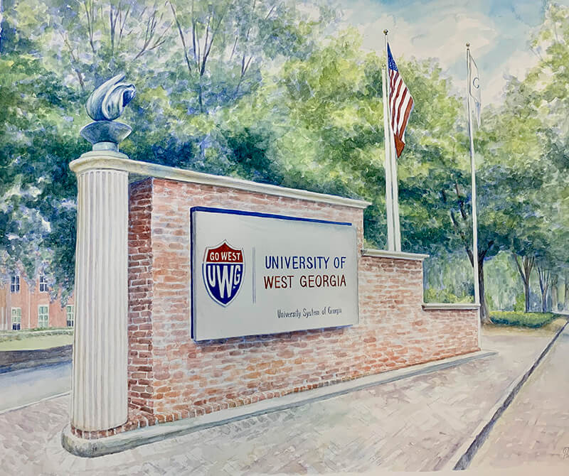 Watercolor by painting student Rachel Christiansen featuring the signage of an entrance to 沙巴官网.