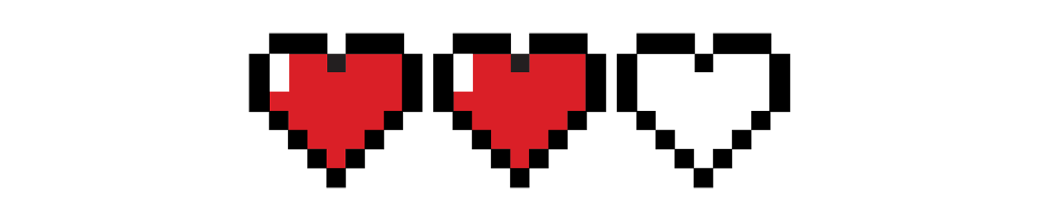 8-bit graphic showing two hearts left in a video game health bar