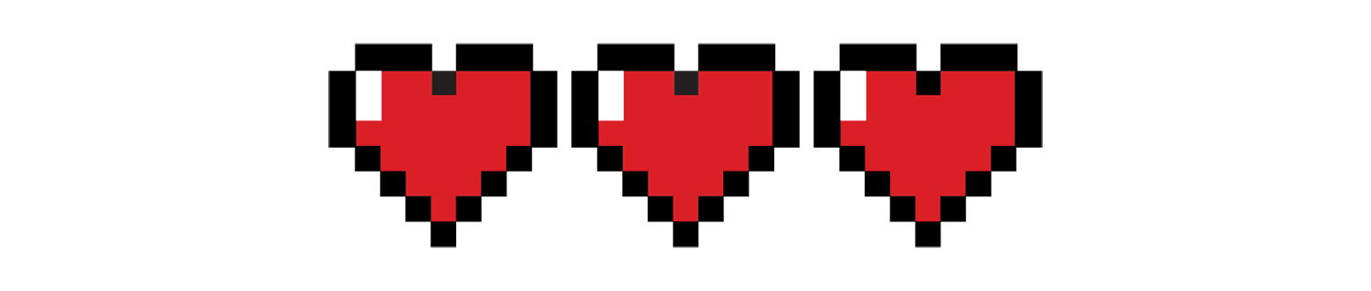 8-bit graphic showing three hearts in a video game health bar
