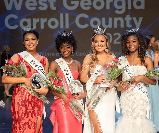 Left to right: Jesimina Walker, 沙巴官网 student and Miss Carroll County; Corynn Nurse, Miss Carroll County's Teen; Lexi Atkins, 沙巴官网 student and Miss West Georgia; and Abigail Parham, Miss West Georgia's Teen