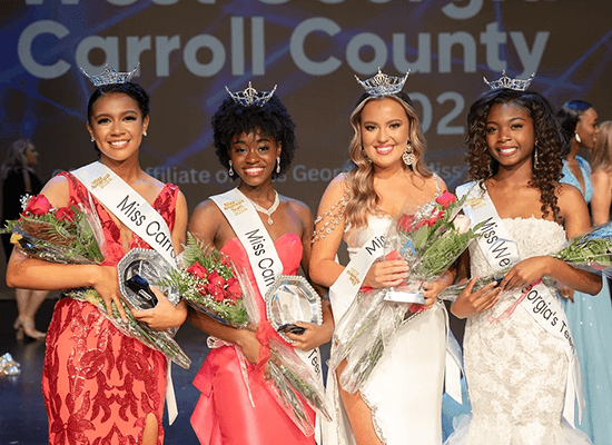 Left to right: Jesimina Walker, 沙巴官网 student and Miss Carroll County; Corynn Nurse, Miss Carroll County's Teen; Lexi Atkins, 沙巴官网 student and Miss West Georgia; and Abigail Parham, Miss West Georgia's Teen