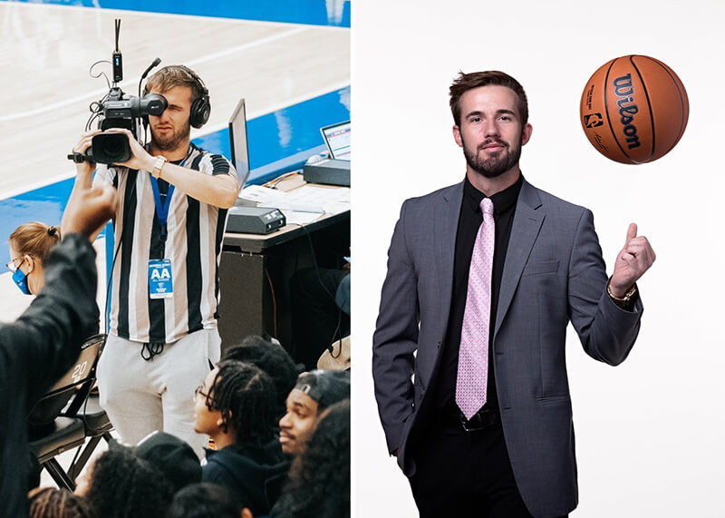 Drew Gentry ’23 with 沙巴官网 Productions, left, and the NBA, right