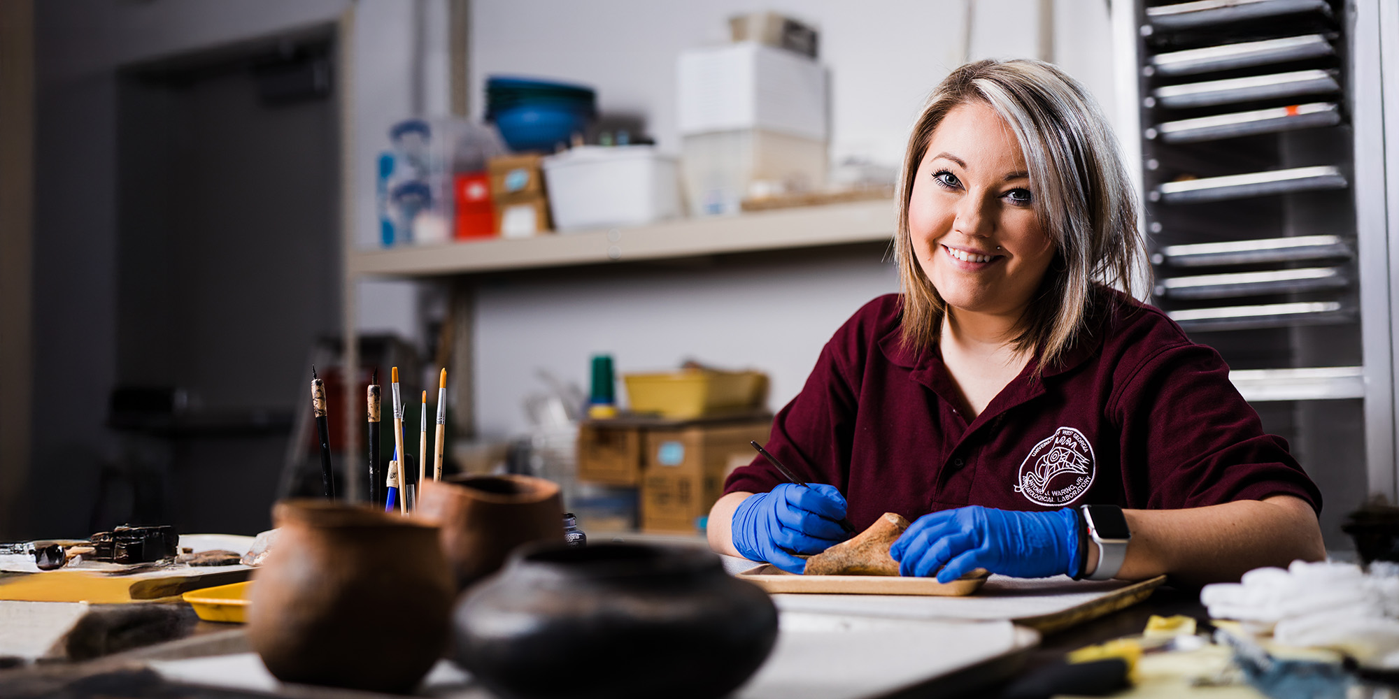 female student doing research in center