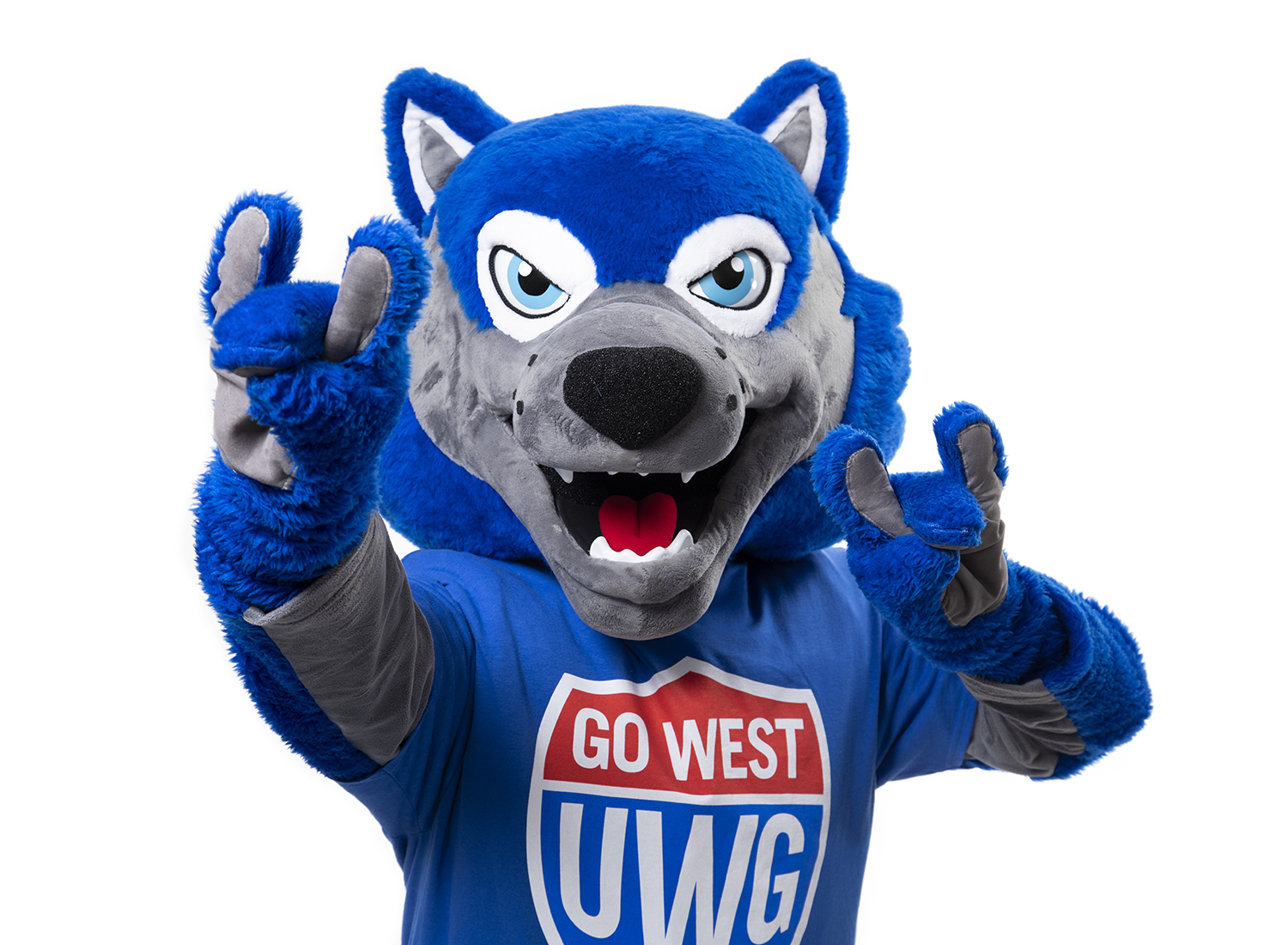 沙巴官网 mascot, Wolfie, holding up two wolf hand signs. 